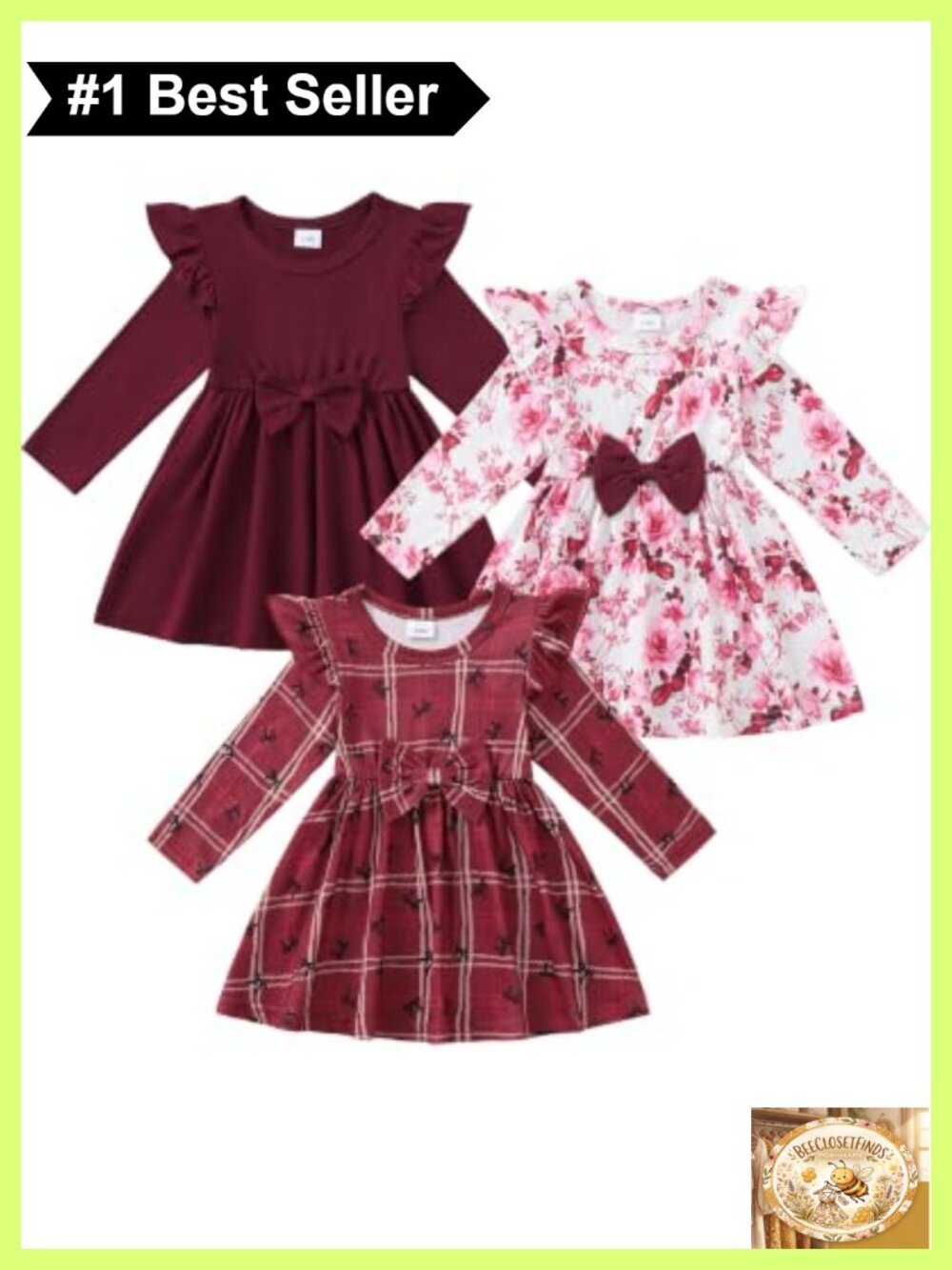 3-Pack Toddler Baby Girl Long Sleeve Dress Set Casual Outfit